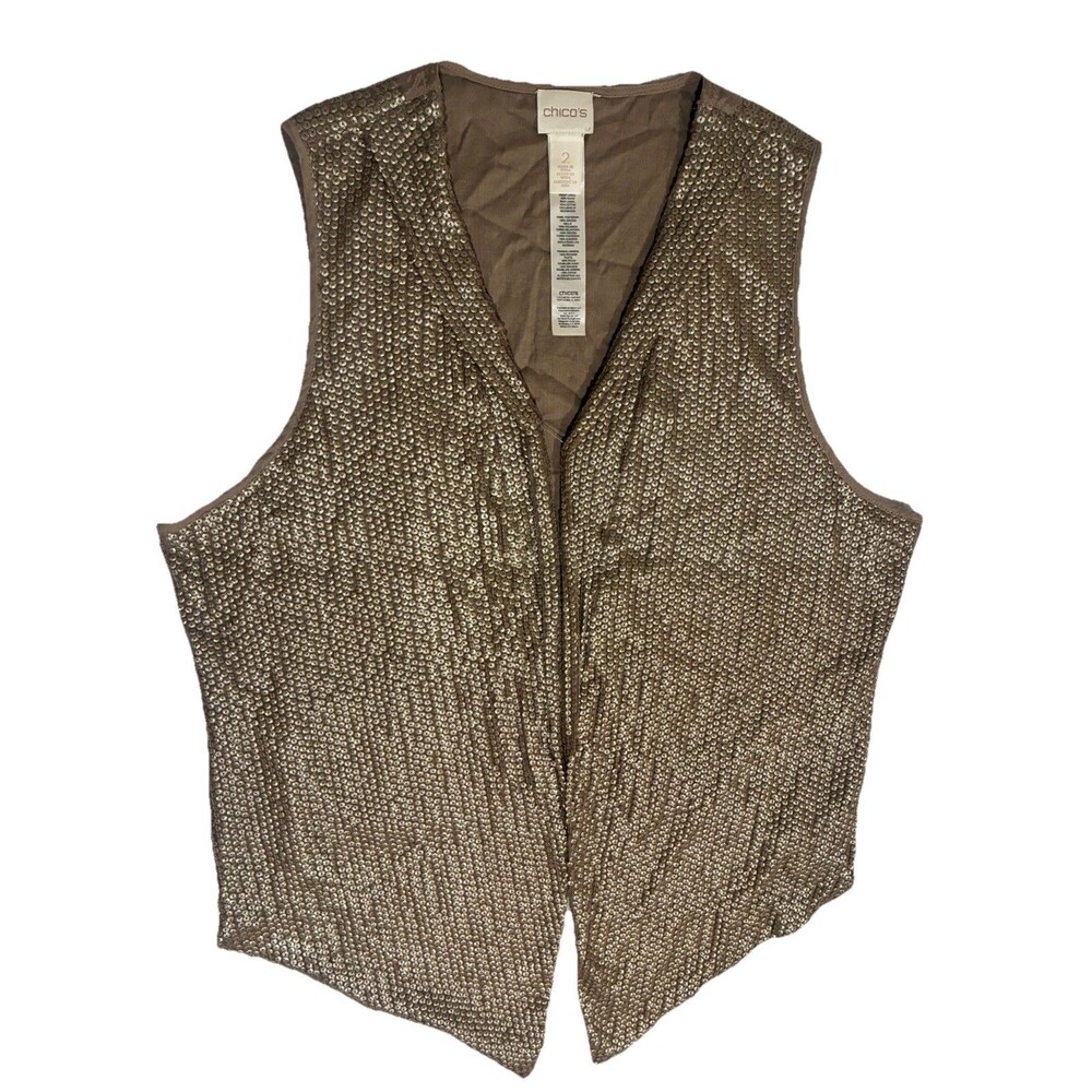 Chicos Sequin Vest Womens Large Bronze Metallic Satin Open Flowy Romantic Fairy